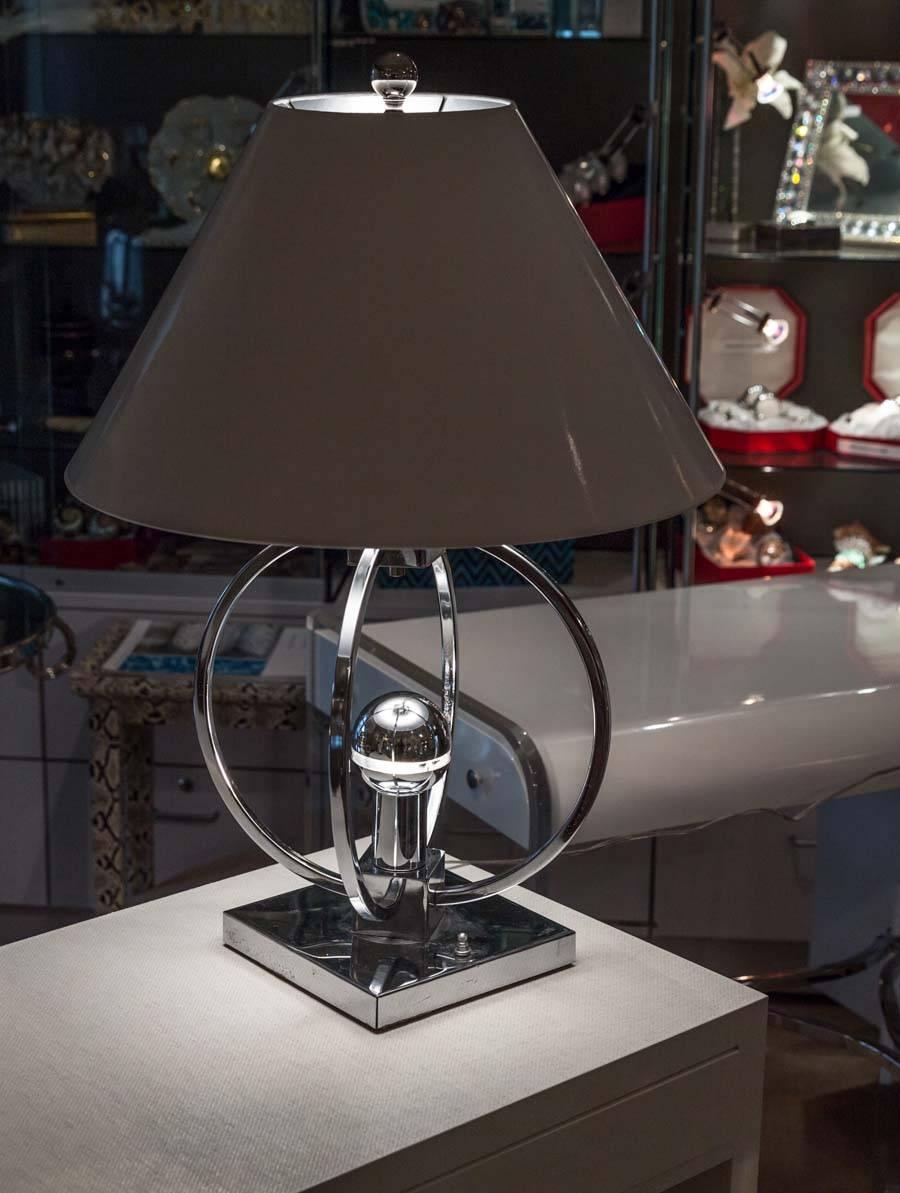 Unusual Chrome Spherical Table Lamp with Custom Shade For Sale 3