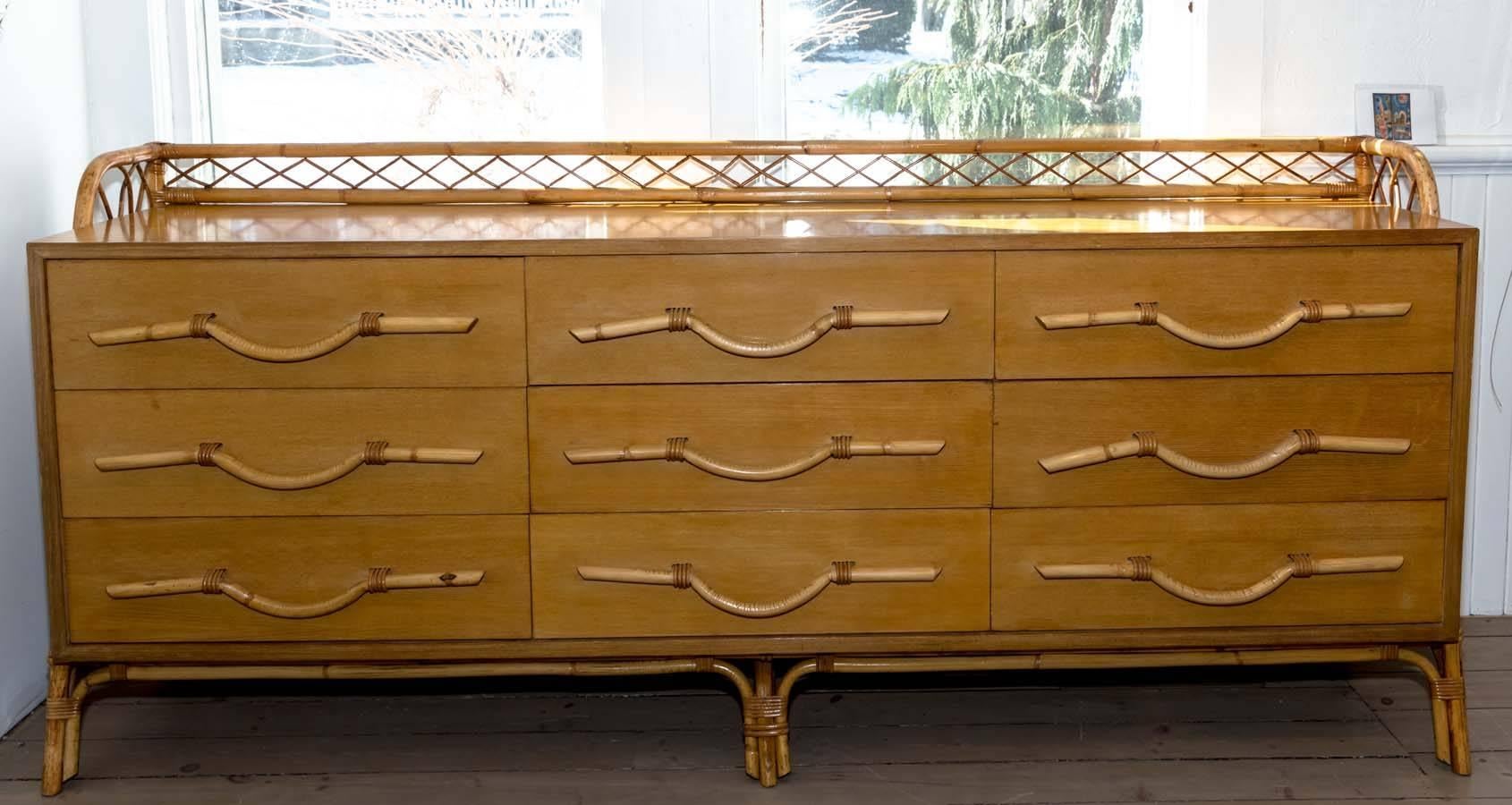 Nine-drawer bamboo and wood credenza with unique detail.
