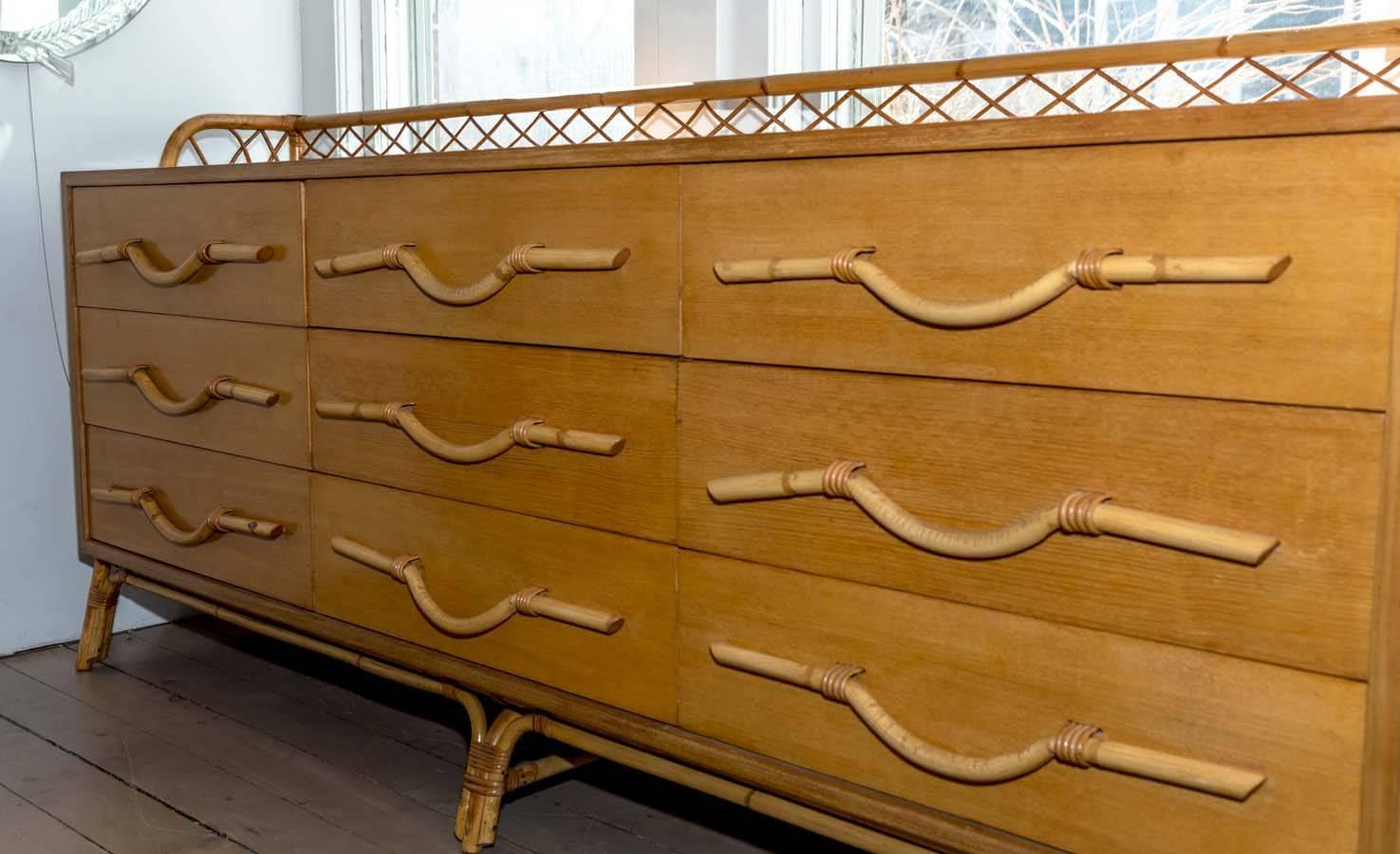 Mid-Century Modern Bamboo Nine-Drawer Credenza with Unique Bamboo Detail