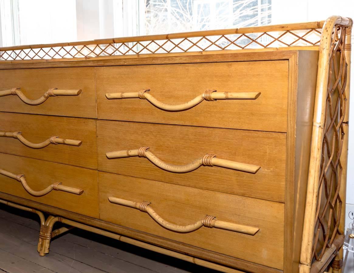 Italian Bamboo Nine-Drawer Credenza with Unique Bamboo Detail