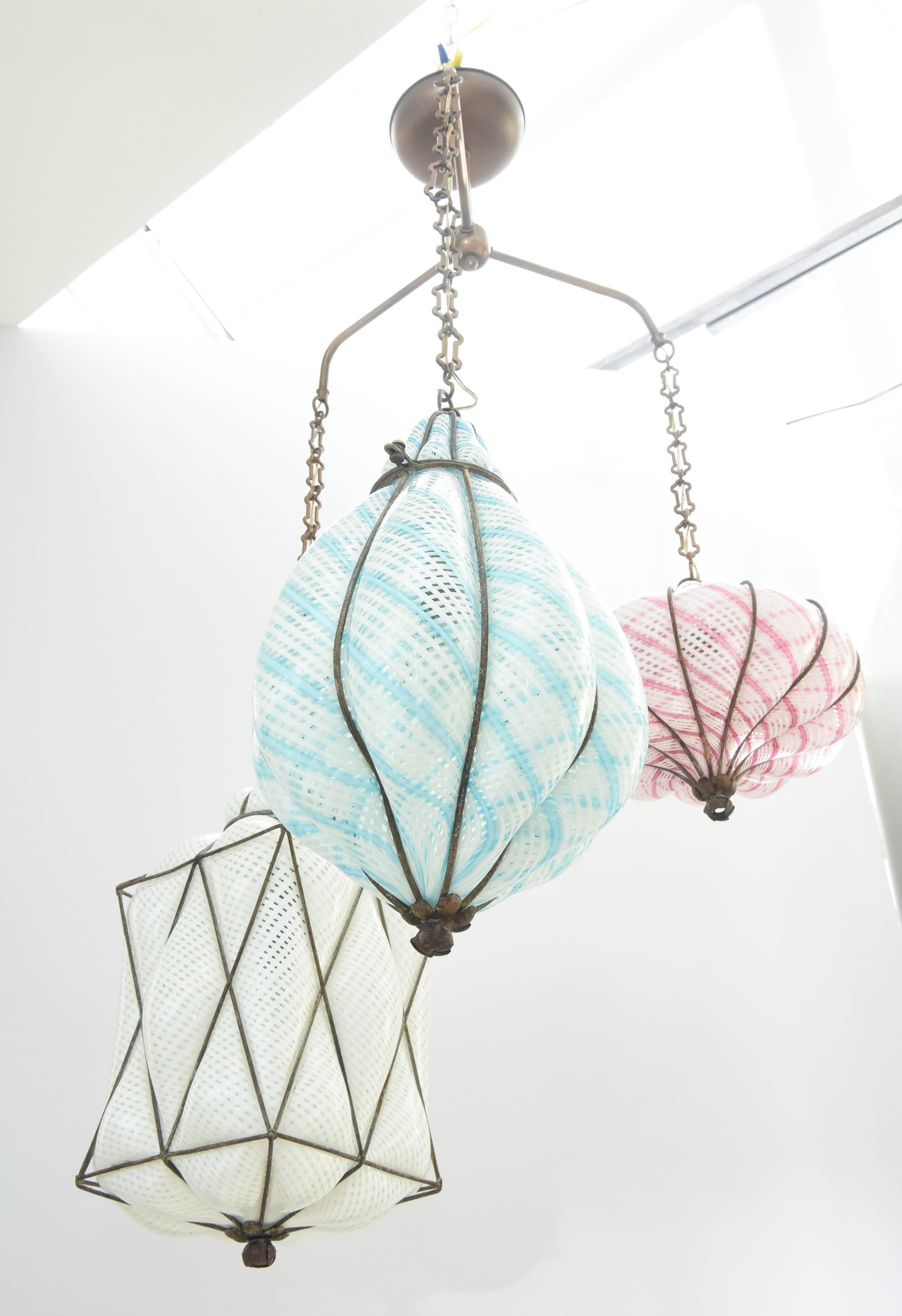 Murano Glass Seguso Trio of Caged Glass Pendant Lights