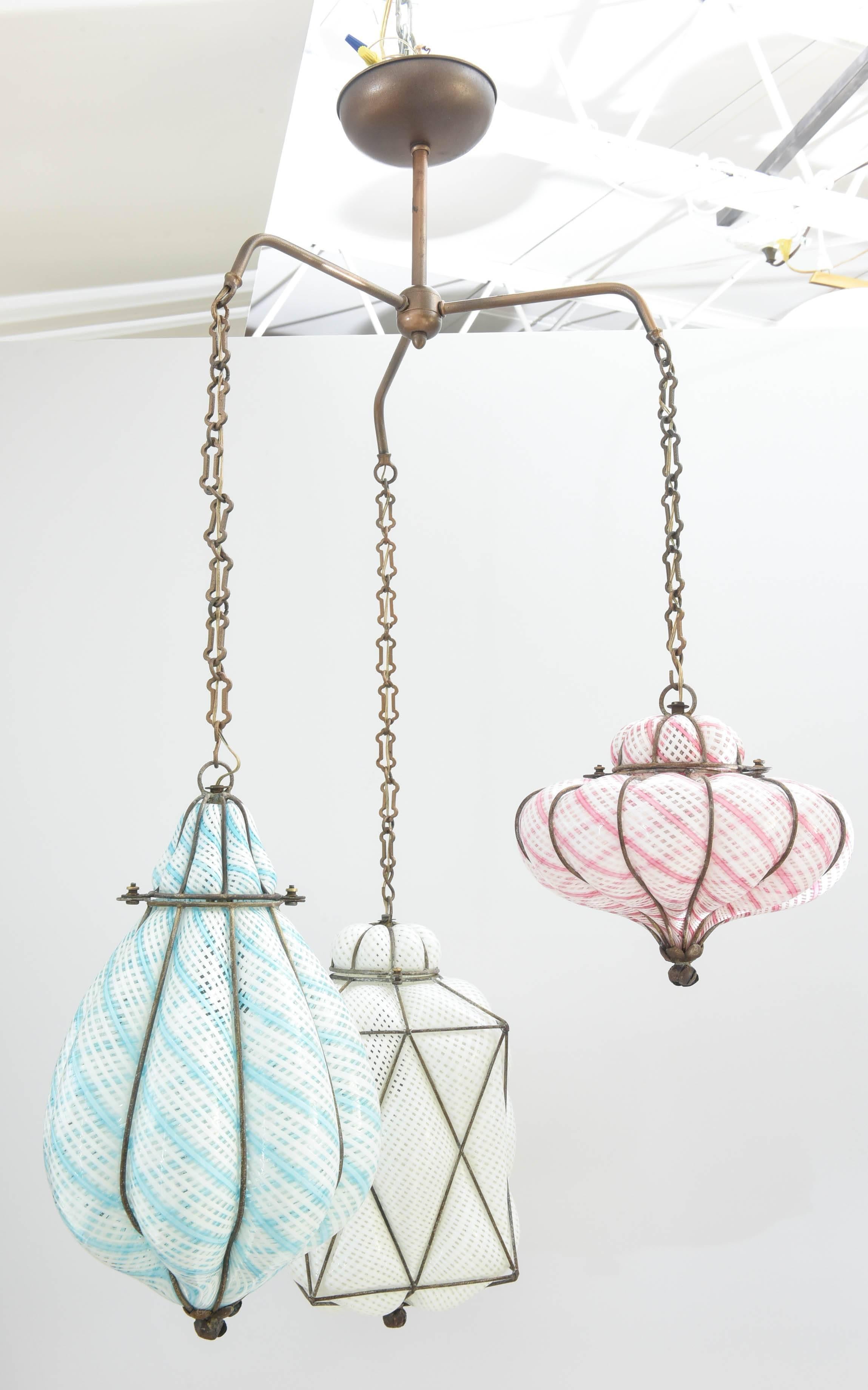 Seguso Trio of Caged Glass Pendant Lights 3