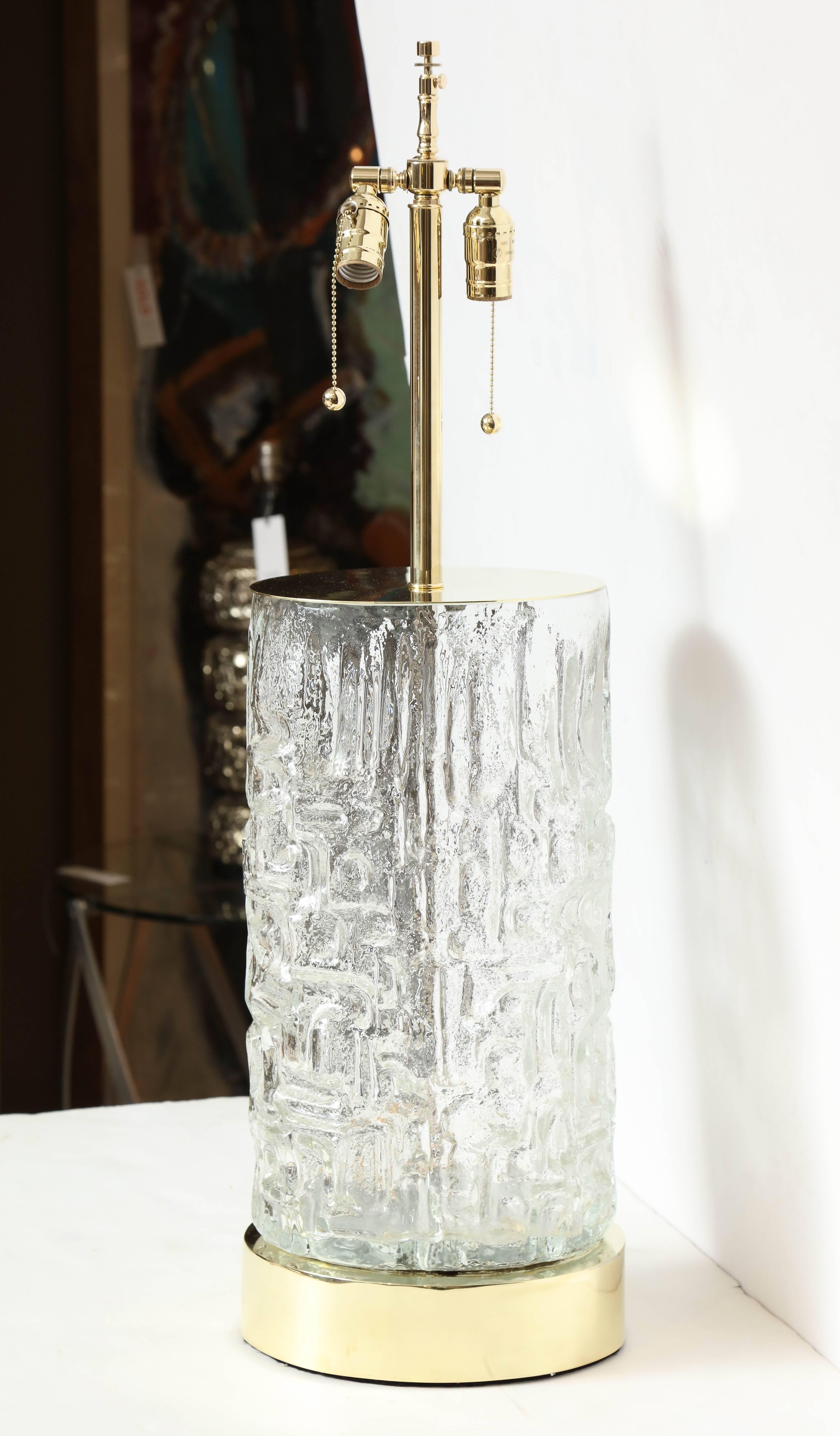 Huge mould-blown 1960s crystal vase by Tapio Wirkkala for Iittala newly remounted in polished brass. Lamp body 21 inches high.