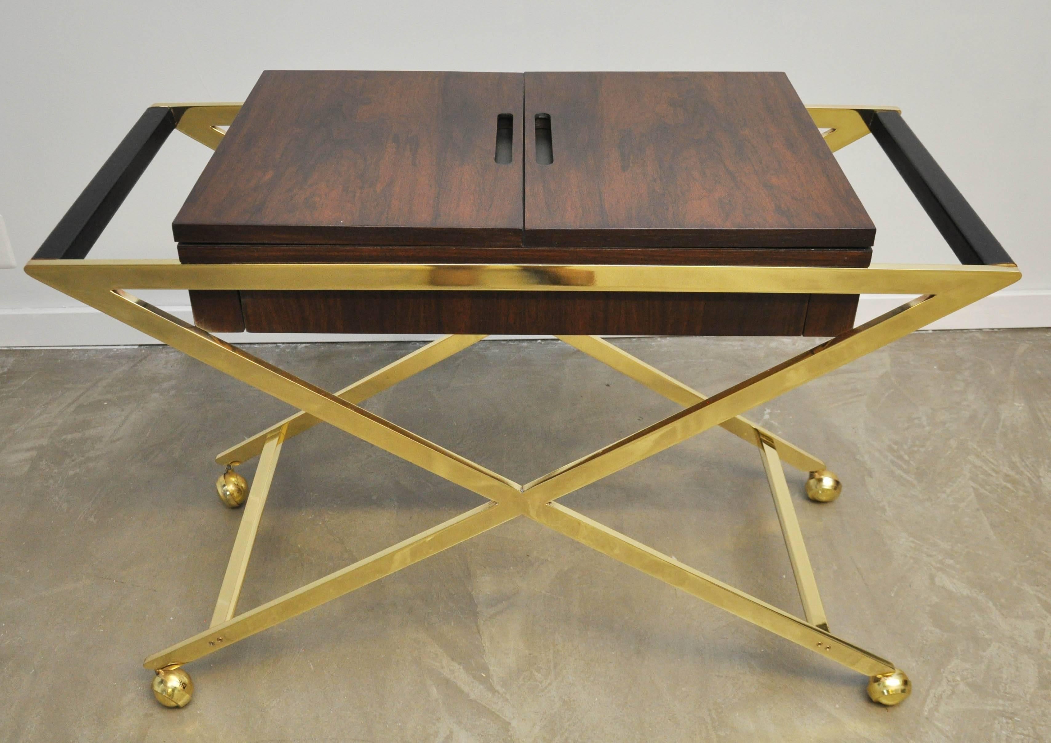 Widdicomb Brass frame serving / bar cart with dark mahogany case. Flip open top for additional serving space.