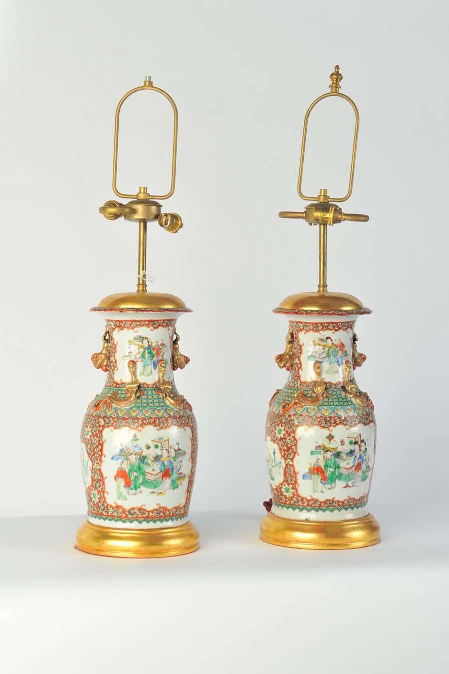 A good quality pair of Chinese Canton porcelain vases converted to lamps.