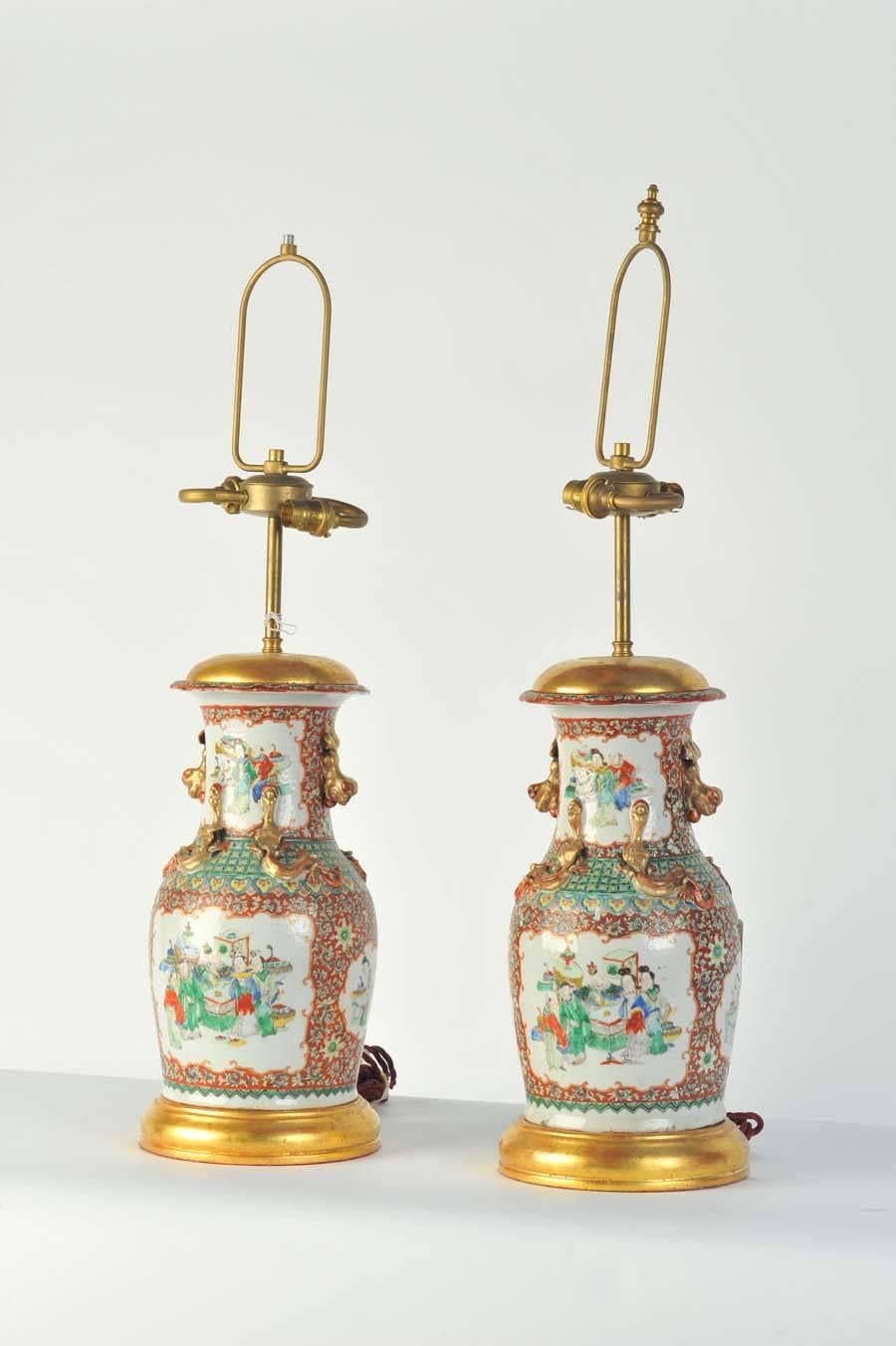 Chinese Export Pair 19th Century Chinese Canton Vases / Lamps