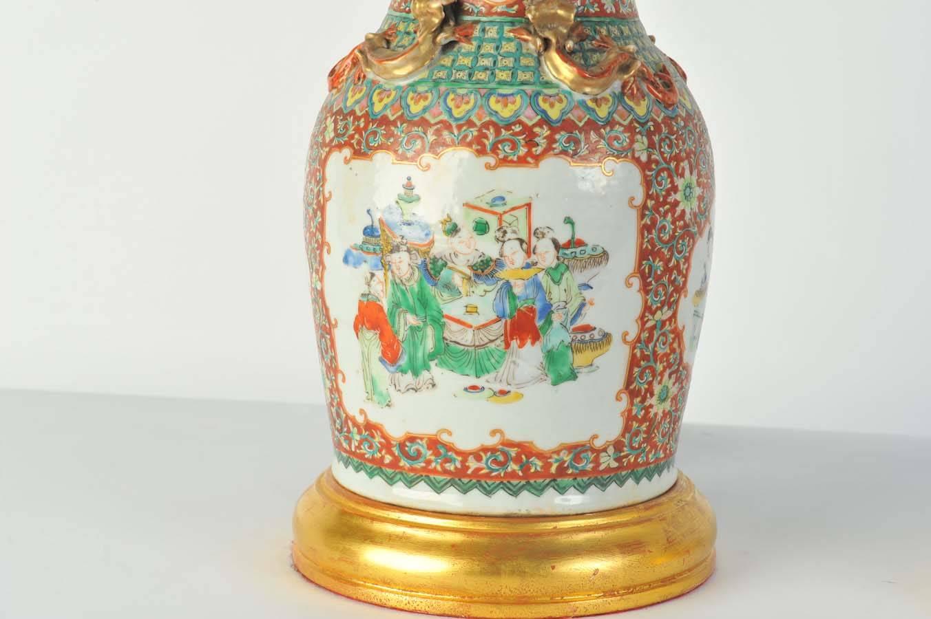 Hand-Painted Pair 19th Century Chinese Canton Vases / Lamps