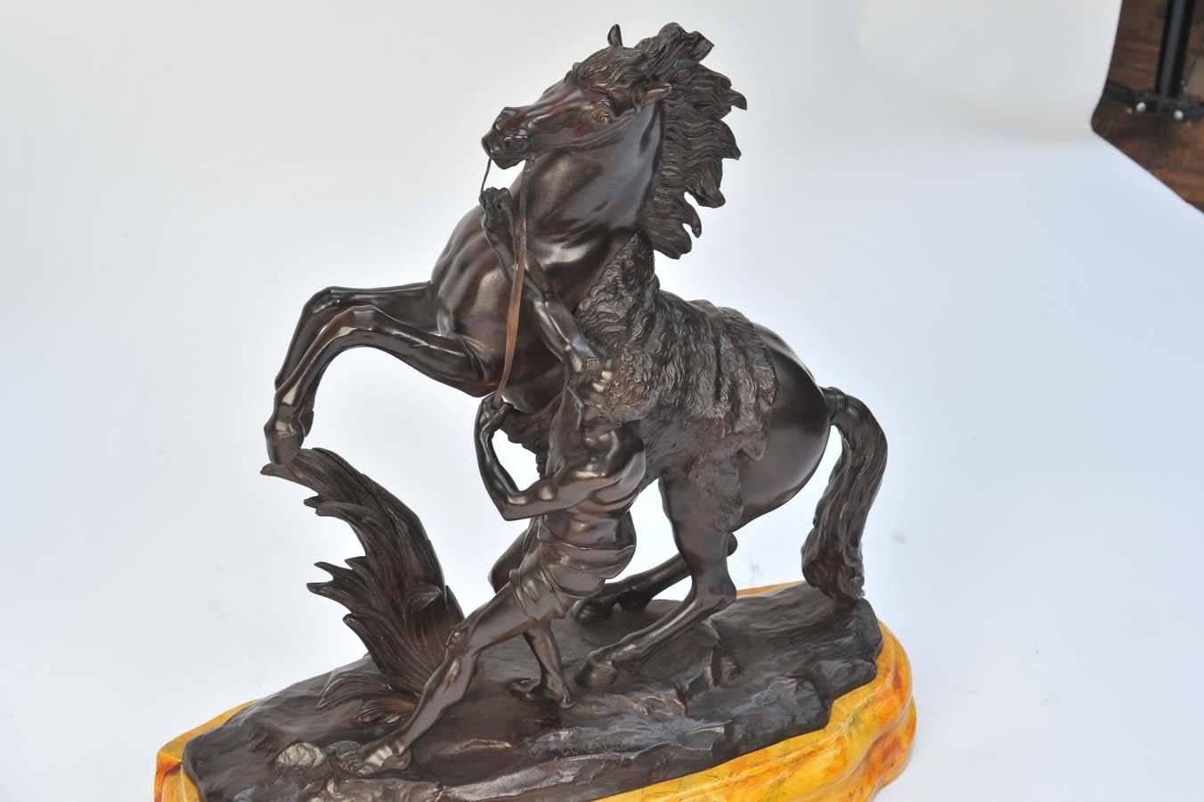 Cast Pair of Large 19th Century Bronze Marley Horses on Stands For Sale