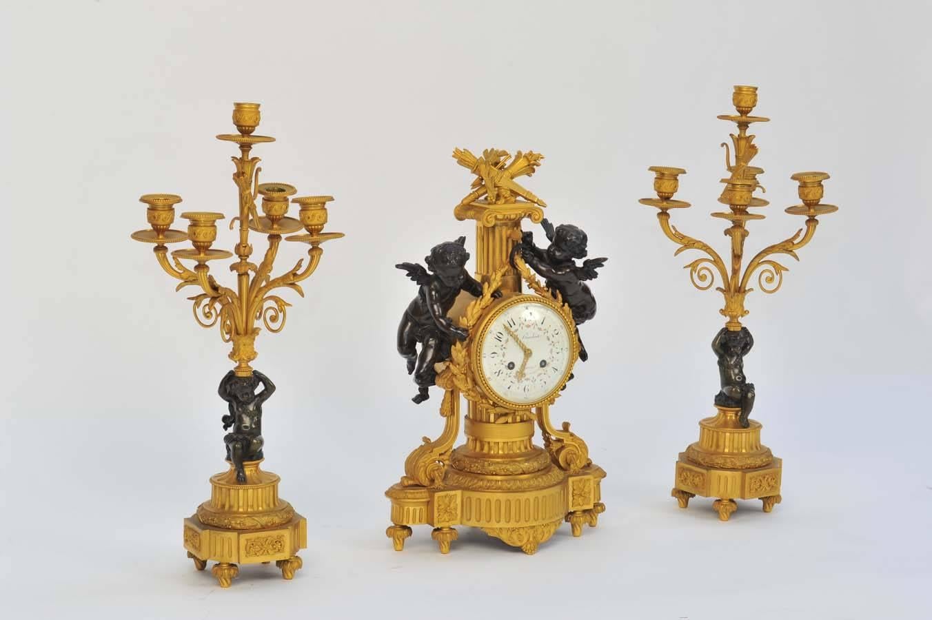 Gilt 19th Century French Clock Garniture For Sale