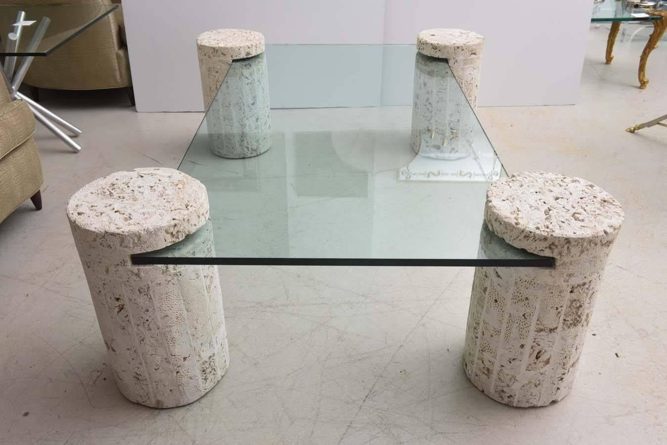 American Coral Stone Coffee Table with Glass Top For Sale