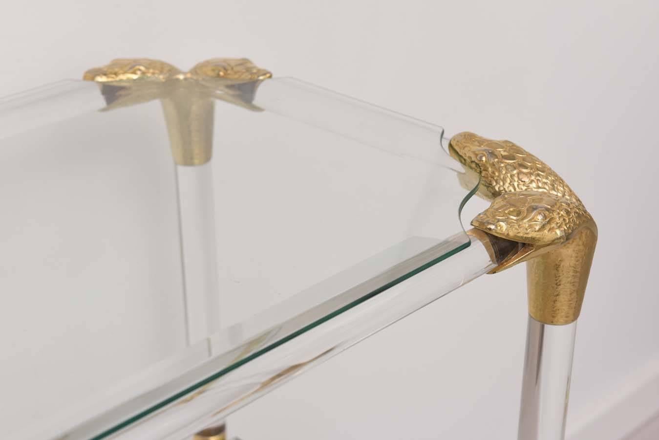 Unknown Vintage Brass Lucite and Glass Console, Python Motif