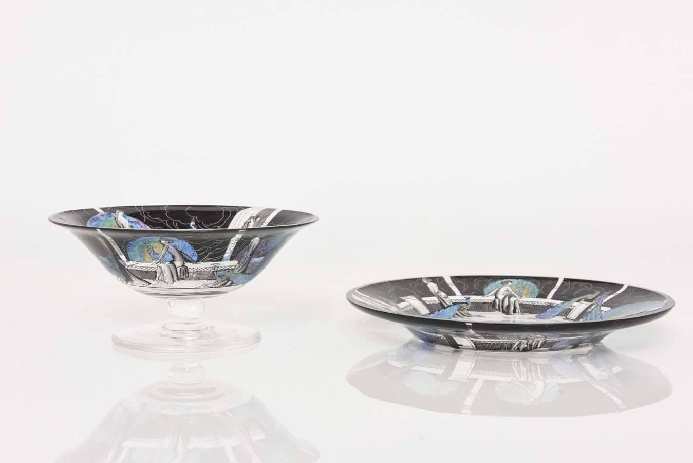 Enameled Rare Set of Venetian Art Deco Coupes and Plates For Sale