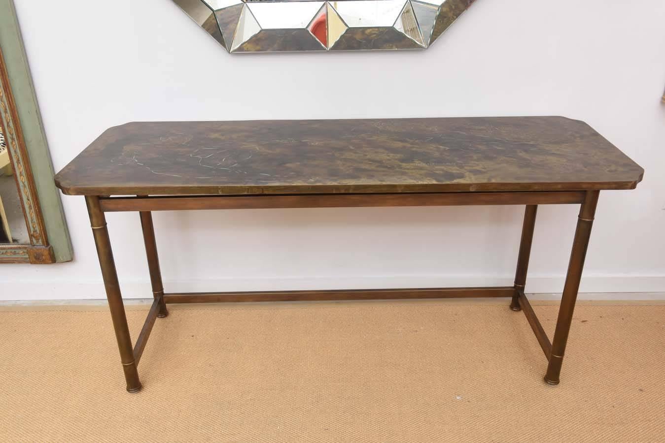 A signed Phillip and Kelvin Laverne acid etched desk which may also be used as a console table.