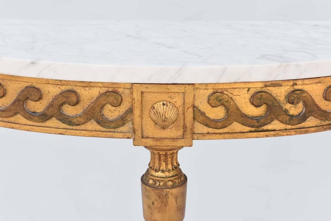 Italian Palladio Demilune Console with Carrara Top on Giltwood Base Carved with Waves