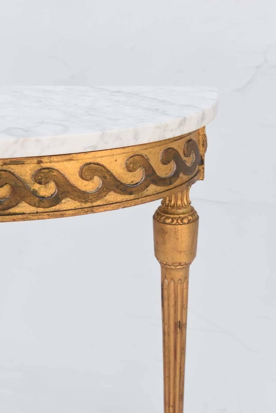 Palladio Demilune Console with Carrara Top on Giltwood Base Carved with Waves In Excellent Condition In West Palm Beach, FL