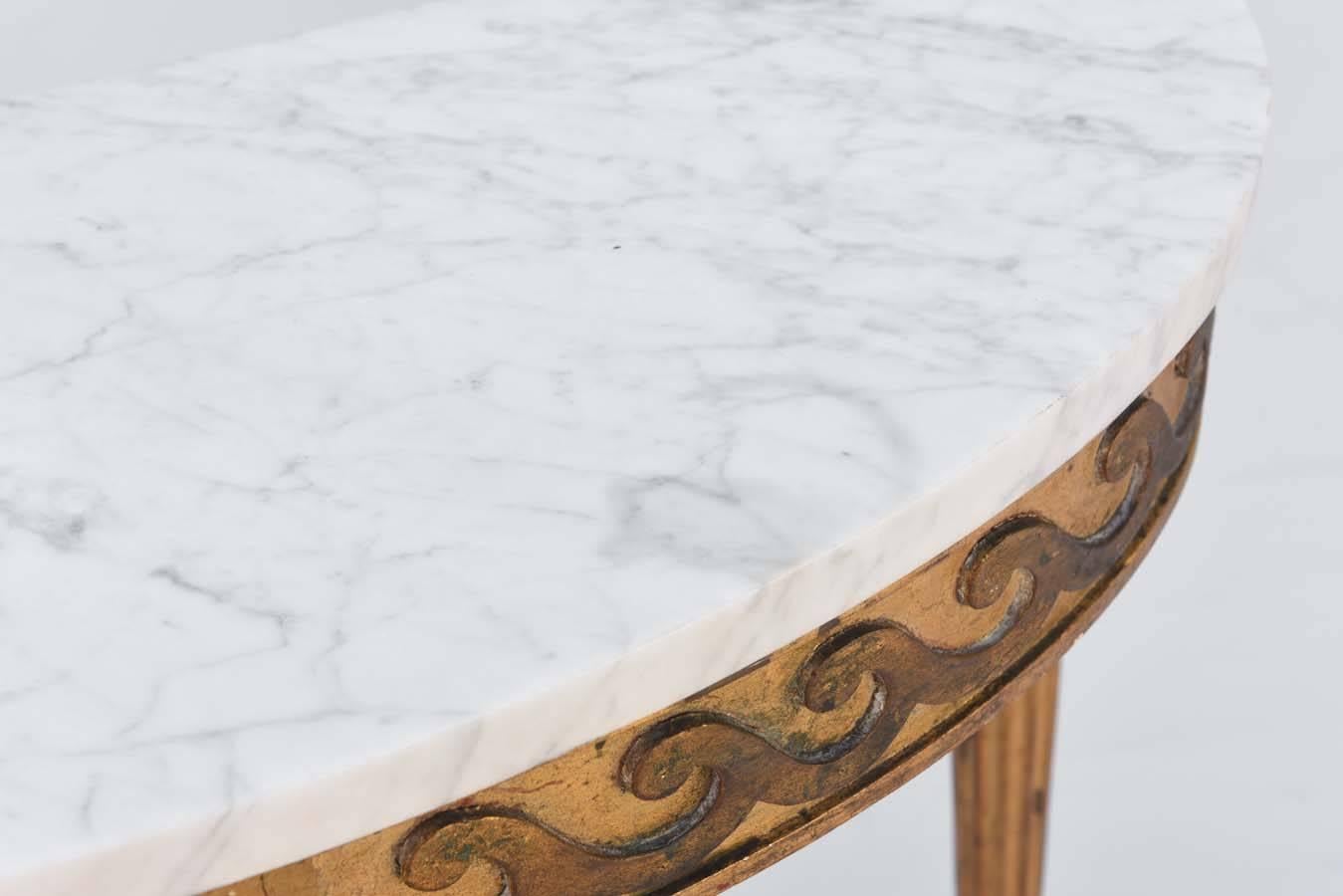 Carrara Marble Palladio Demilune Console with Carrara Top on Giltwood Base Carved with Waves