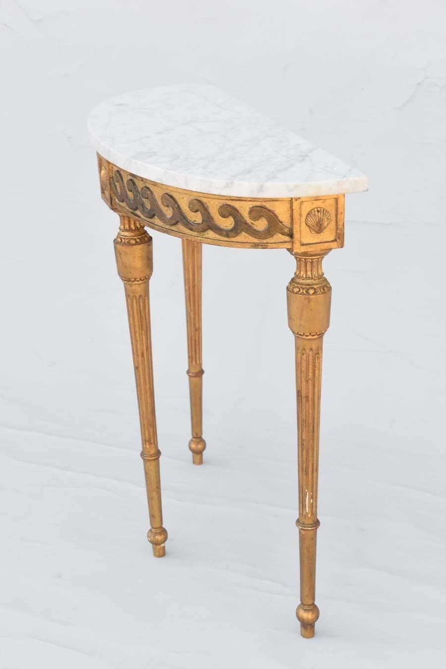 Palladio Demilune Console with Carrara Top on Giltwood Base Carved with Waves 1