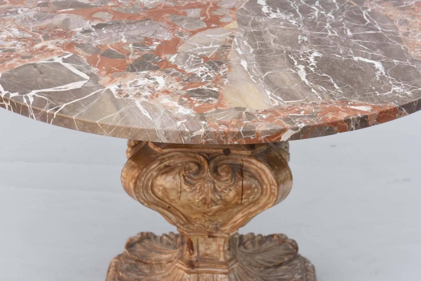 Carved Italian Center Table with Marble Top, circa 1920s In Excellent Condition In West Palm Beach, FL