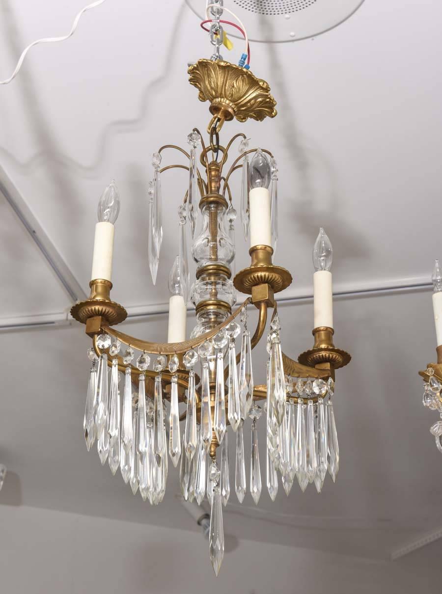 19th Century Louis XVI, Gustavin Style Four-Light Bronze and Crystal Chandelier For Sale 2