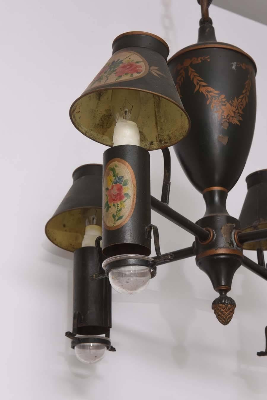 19th Century French Tole Four-Light Chandelier In Good Condition In West Palm Beach, FL