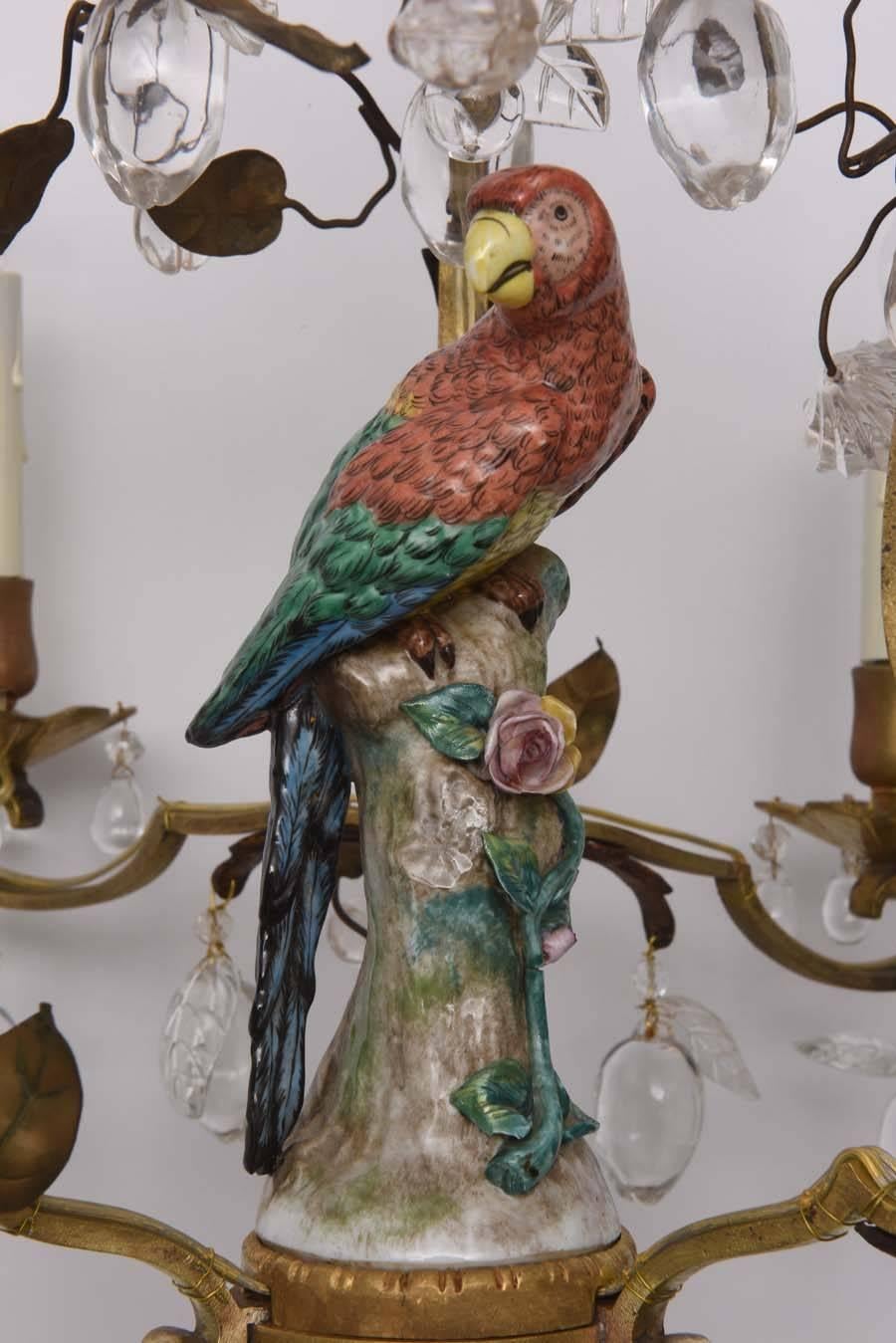 Louis XV Style Bronze Chandelier with Meissen Parrot, Crystal Plums and Flowers In Excellent Condition In West Palm Beach, FL