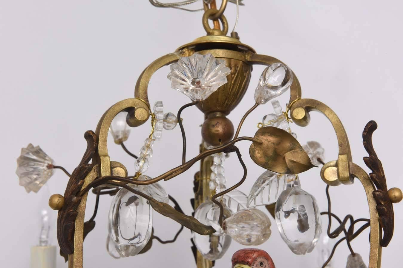 Louis XV Style Bronze Chandelier with Meissen Parrot, Crystal Plums and Flowers 1