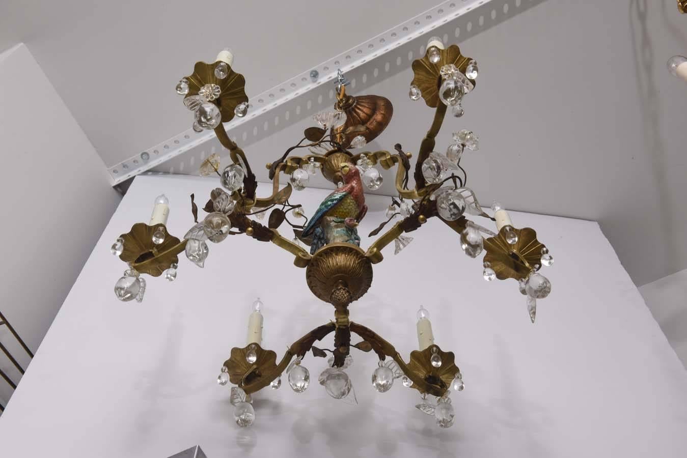 Louis XV Style Bronze Chandelier with Meissen Parrot, Crystal Plums and Flowers 3