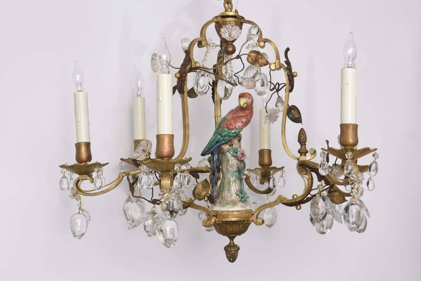 Louis XV Style Bronze Chandelier with Meissen Parrot, Crystal Plums and Flowers 4