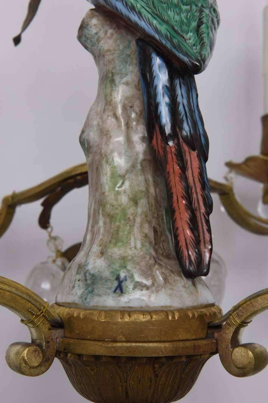 Louis XV Style Bronze Chandelier with Meissen Parrot, Crystal Plums and Flowers 5