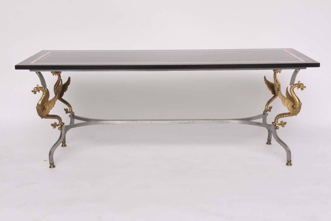 Italian  Brushed Steel, Brass & Marble Cocktail Table 