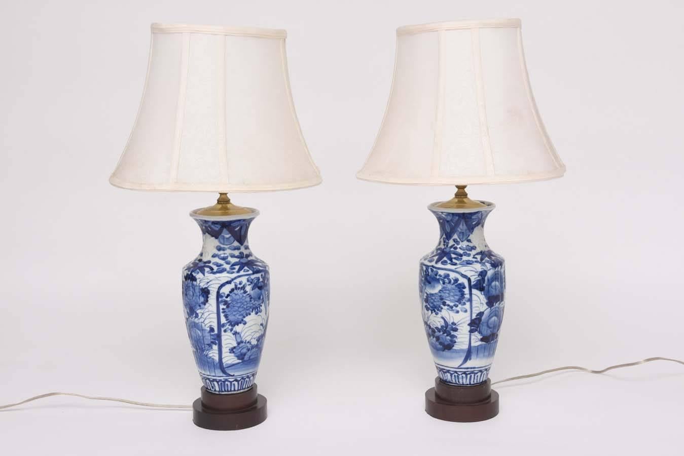 Porcelain Pair of 19th Century Blue and White Chinese Export Vases Mounted as Lamps