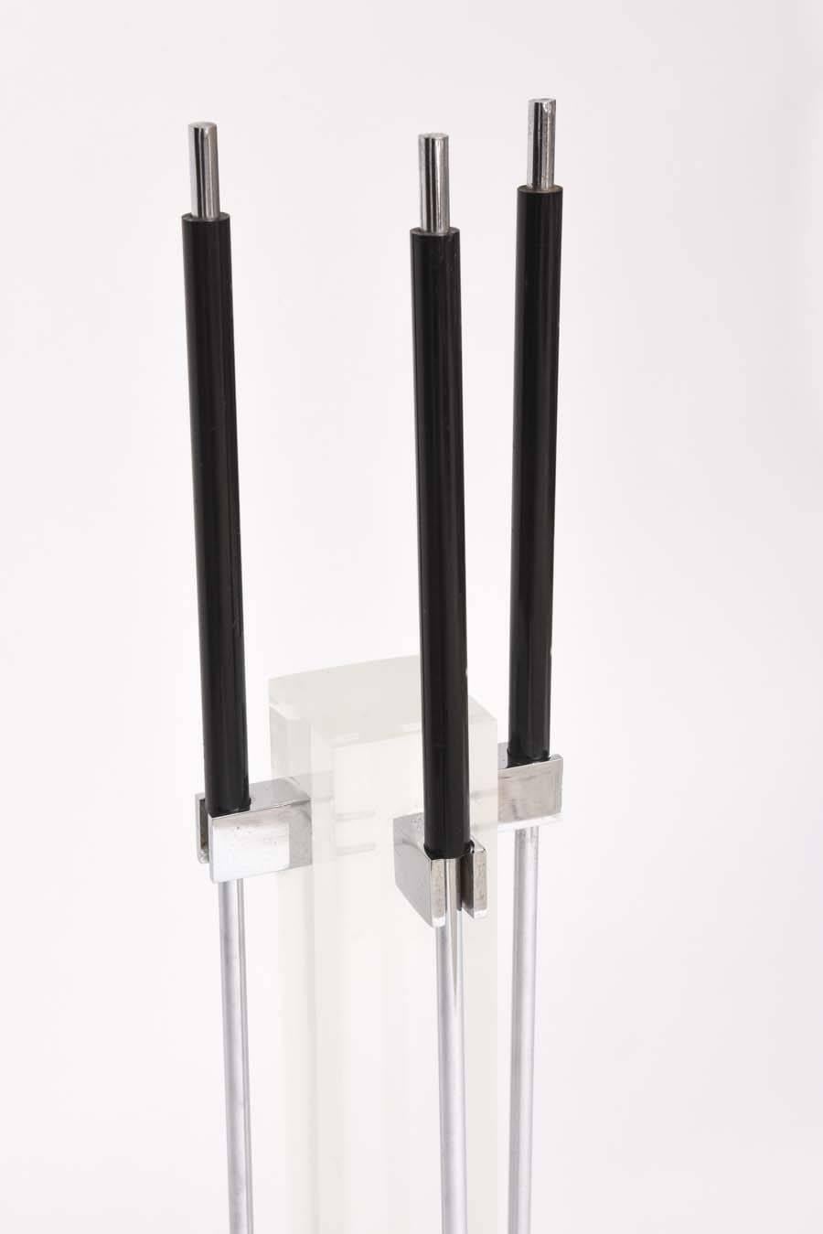 American Danny Alessandro Style Fire-Tool Set in Polished Chrome and Black Lucite, 1980s
