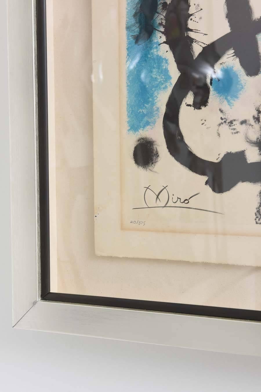This Miro lithograph dates from the 1960s and has been recently reframed.
The pencil signature is in the lower left corner as is the 20/375 and on the lower right side an embossed 