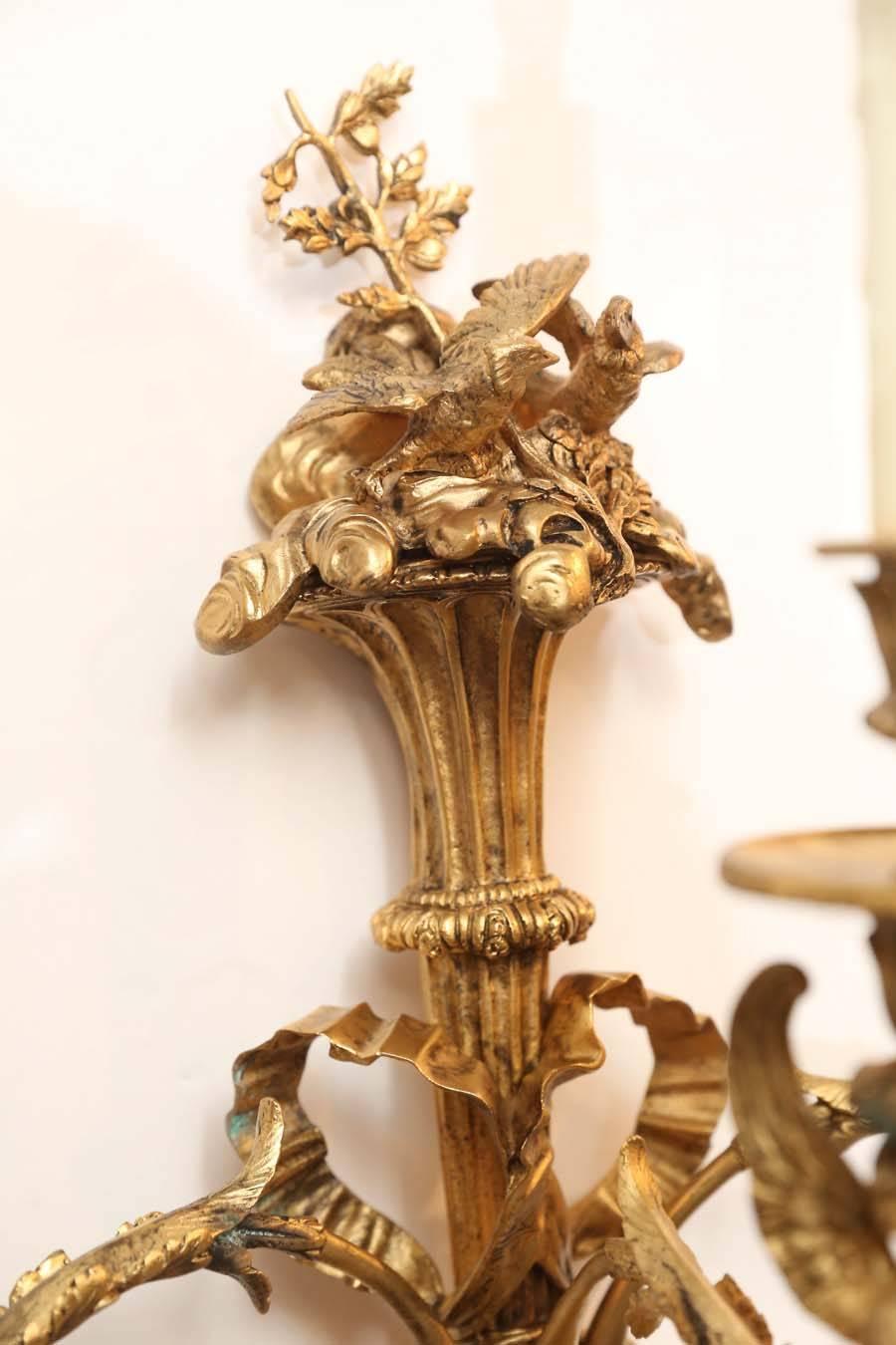 18th Century Pair of French Gilt Bronze Three-Light Bronze Sconces, 19th Century For Sale