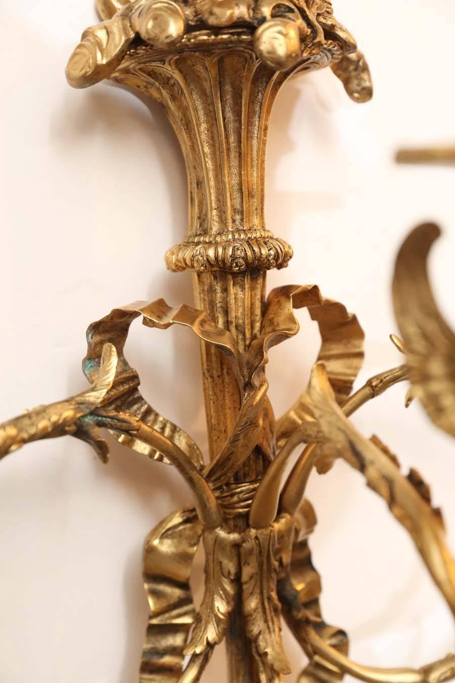 Pair of French Gilt Bronze Three-Light Bronze Sconces, 19th Century For Sale 2