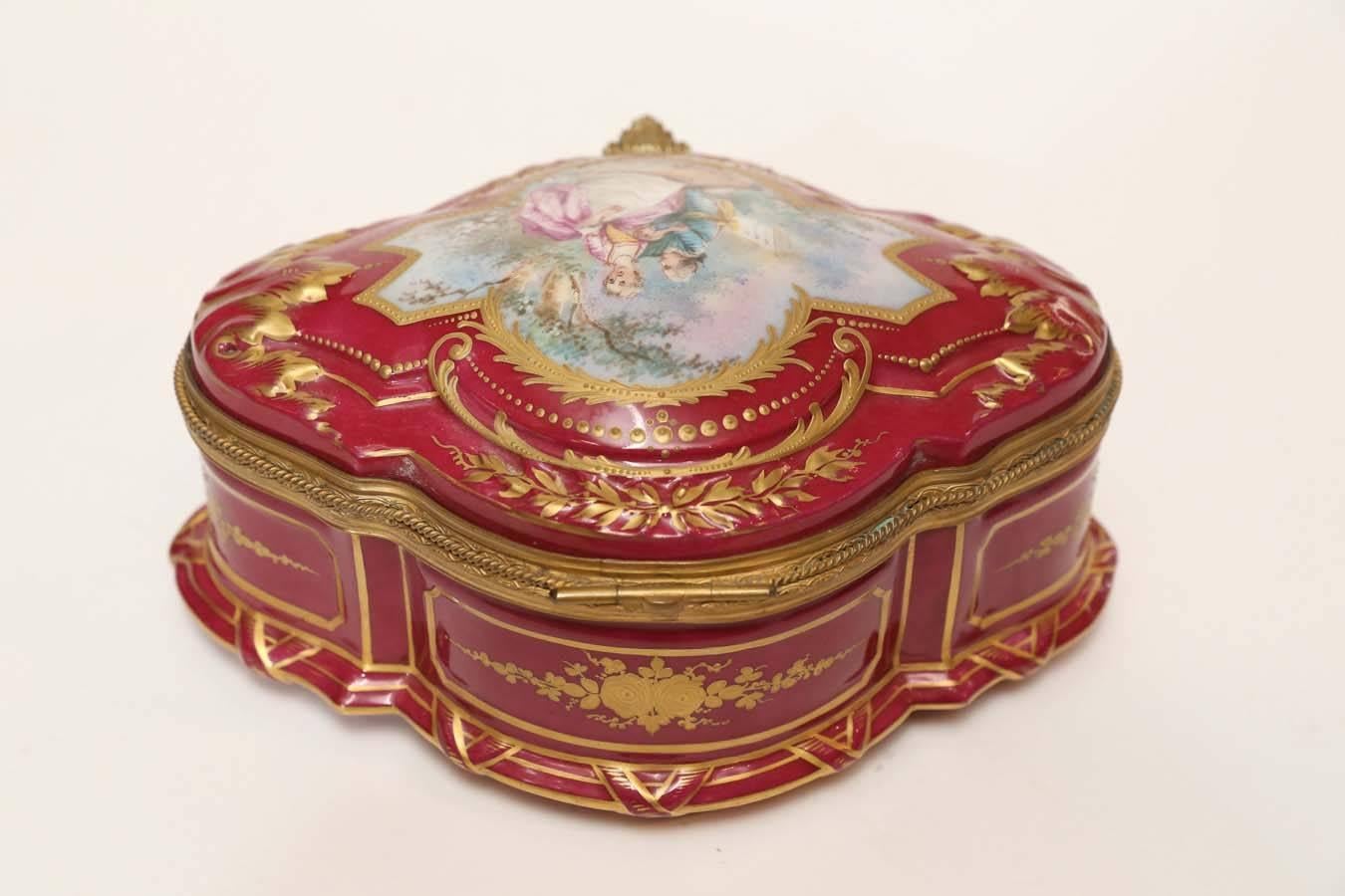 French Sevres Porcelain Box with Gilt Trim
