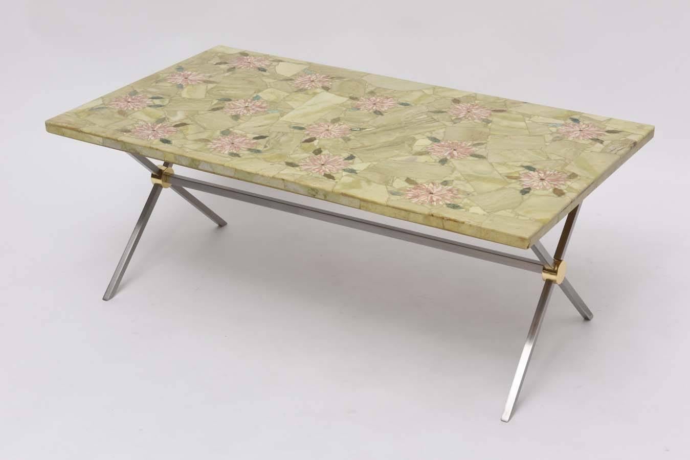1960s Italian coffee table with brushed steel and polished brass base has beautifully executed marble mosaic top in pink and white flowers on a green background. Haute Bohemian!