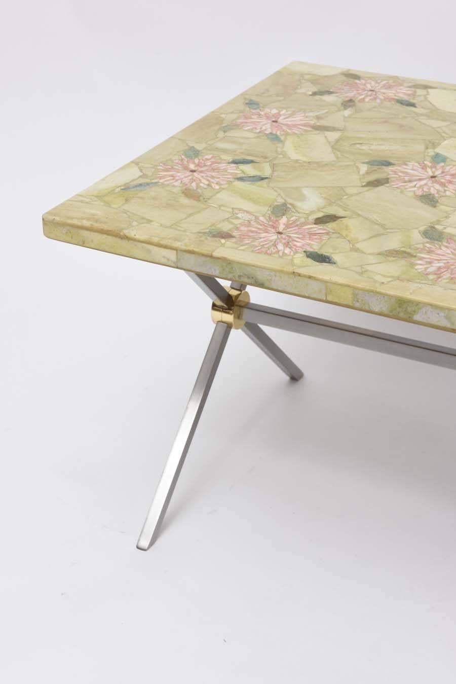 Brushed Extraordinary Italian Brass and Steel Coffee Table with Marble Mosaic Top