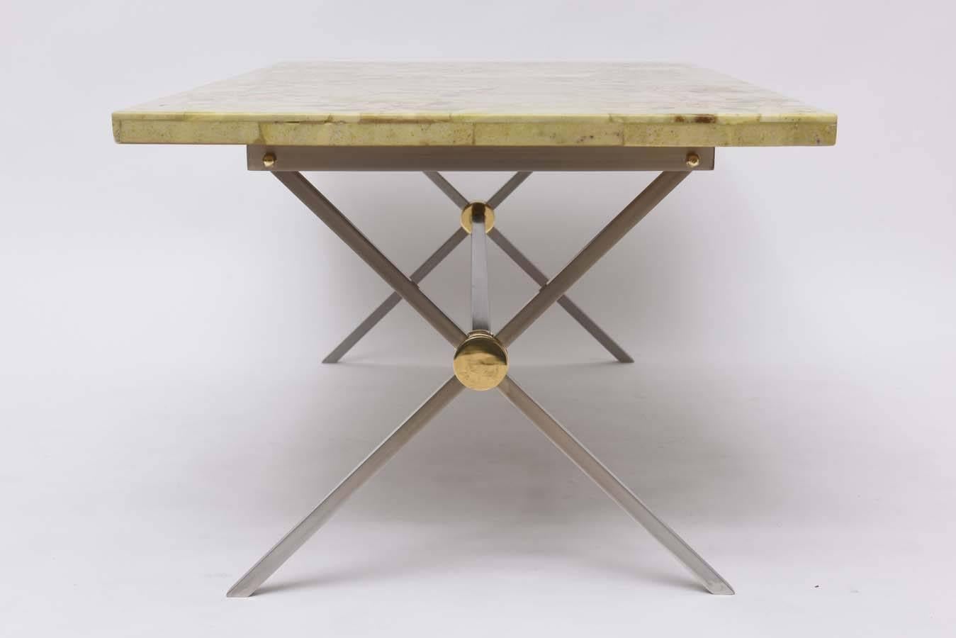 Mid-20th Century Extraordinary Italian Brass and Steel Coffee Table with Marble Mosaic Top