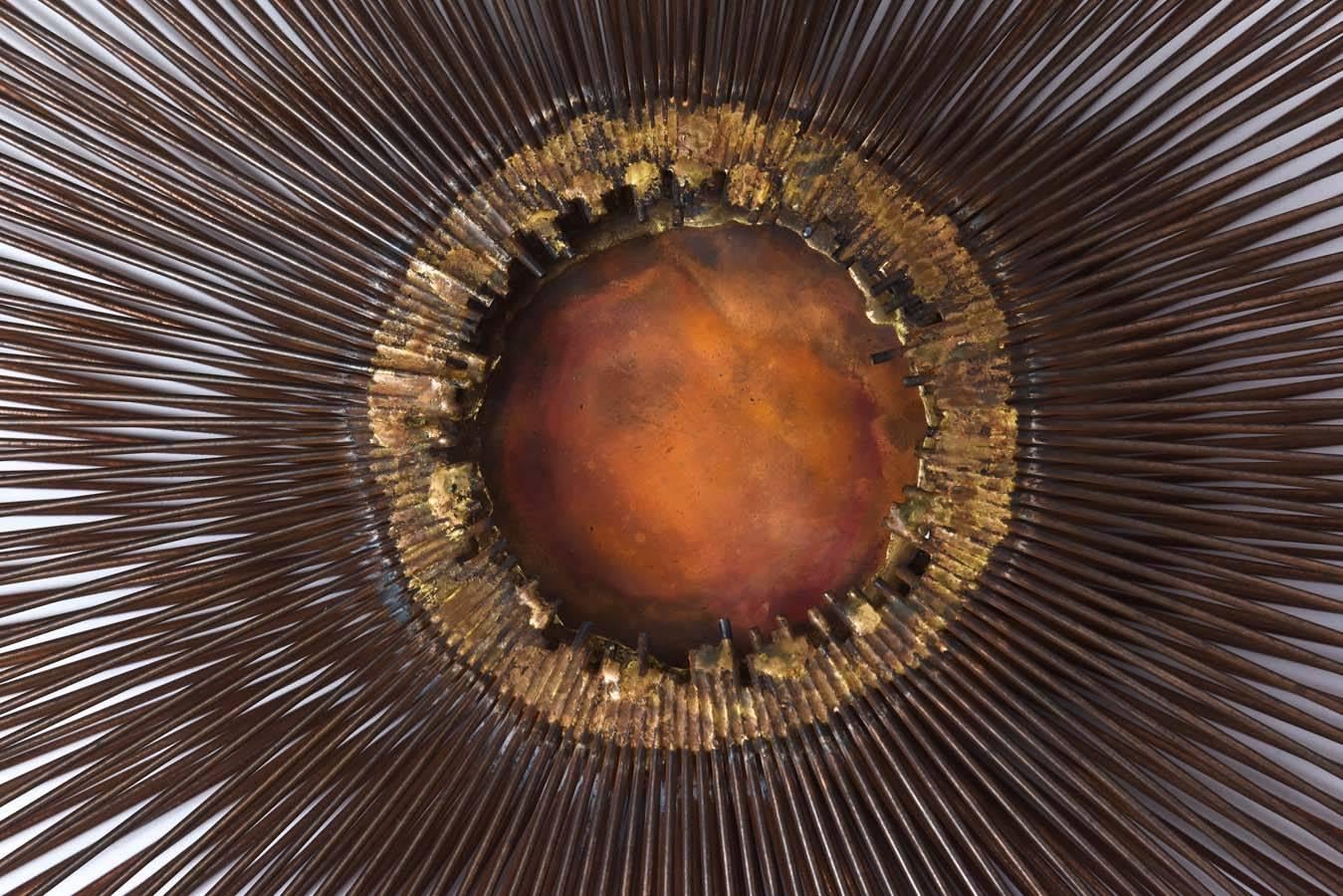 Brutalist Copper, Brass, and Bronze Sunburst Wall Sculpture by William Friedle In Excellent Condition In North Miami, FL