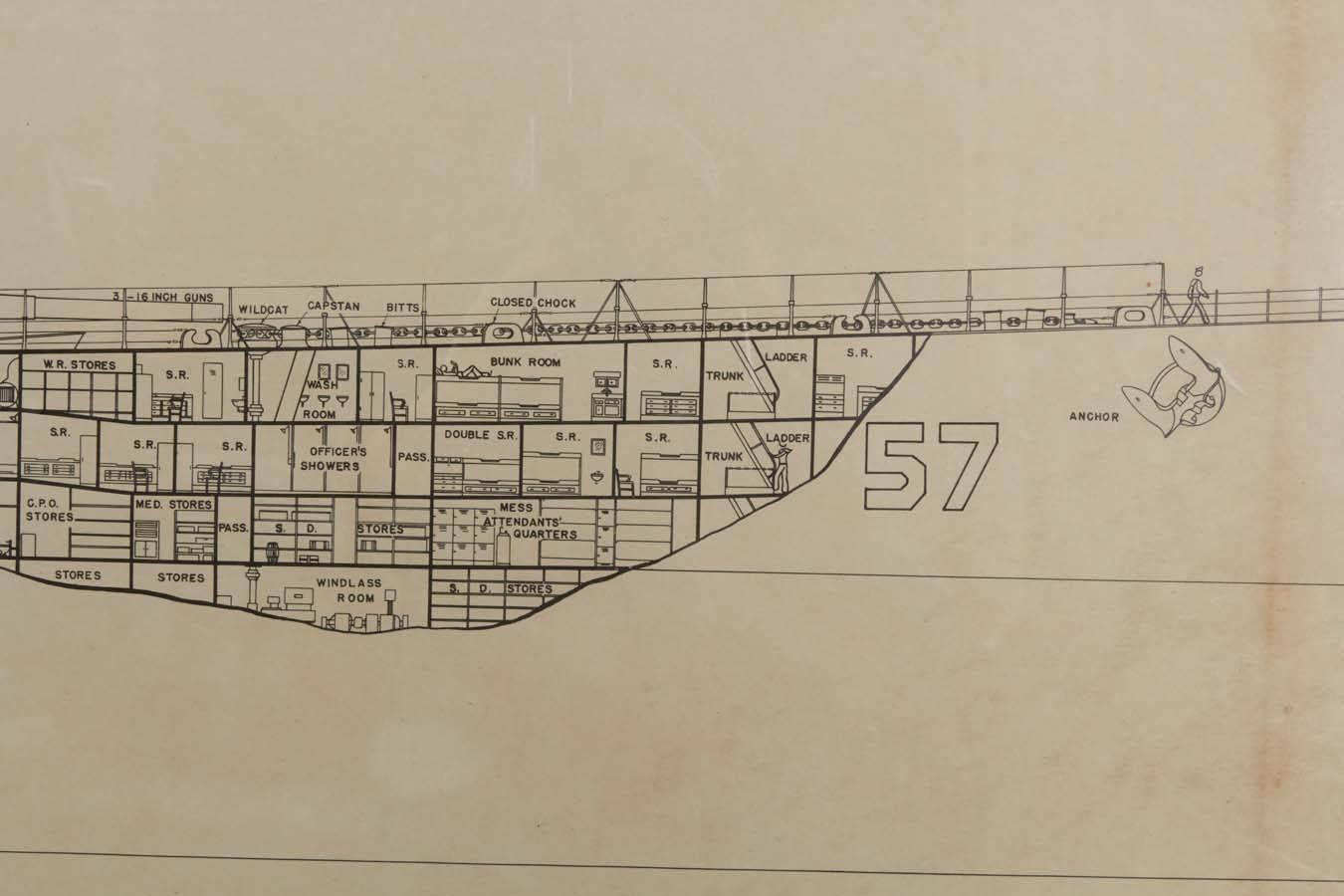 Large scale World War II era battleship diagram. Dated Dec 7th 1942 and signed J.R. Harris. Depicts the interior spaces of a "typical battleship." The piece is in good, vintage condition with some patina and watermarks that add to the