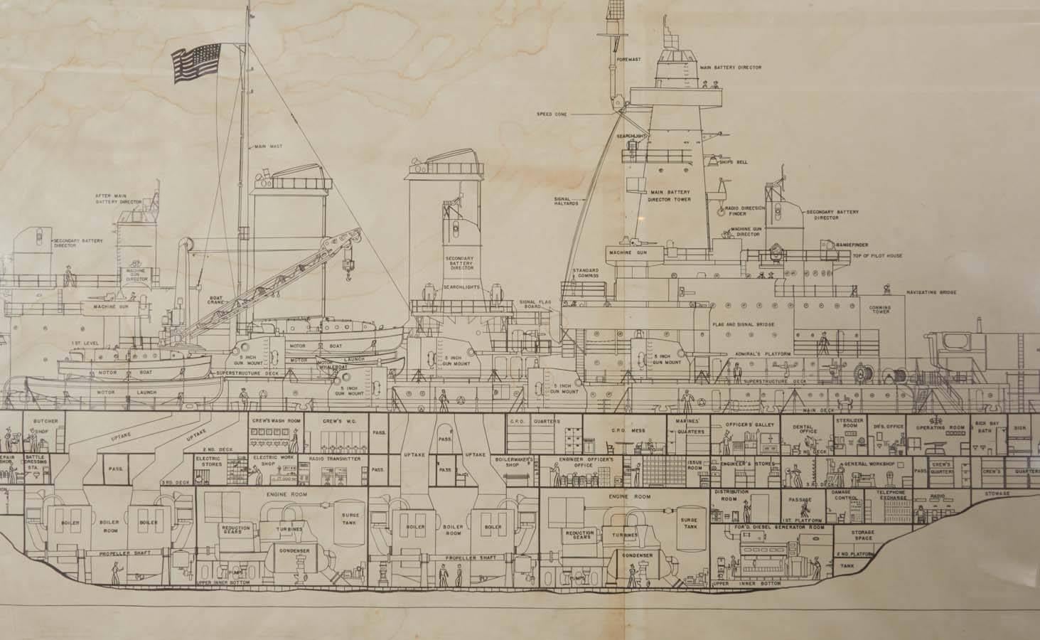 World War ii Era Framed Battleship Diagram In Good Condition In New York, NY