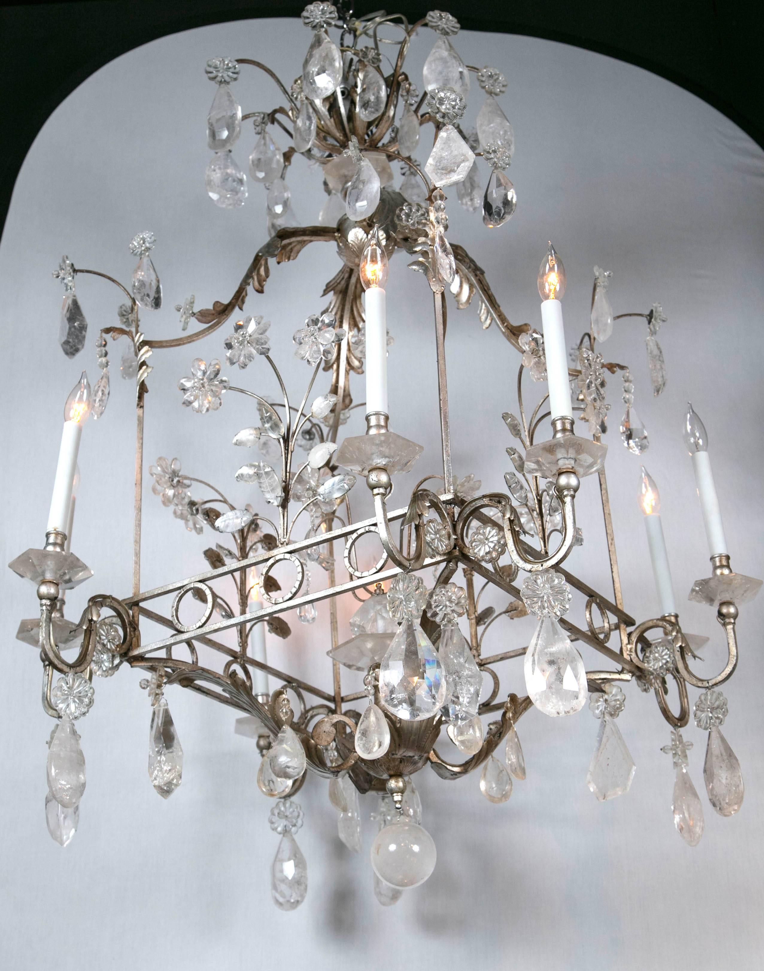 Quatrain Bagues style rock crystal chandelier with exquisite rock crystal ornaments and silver finish.
