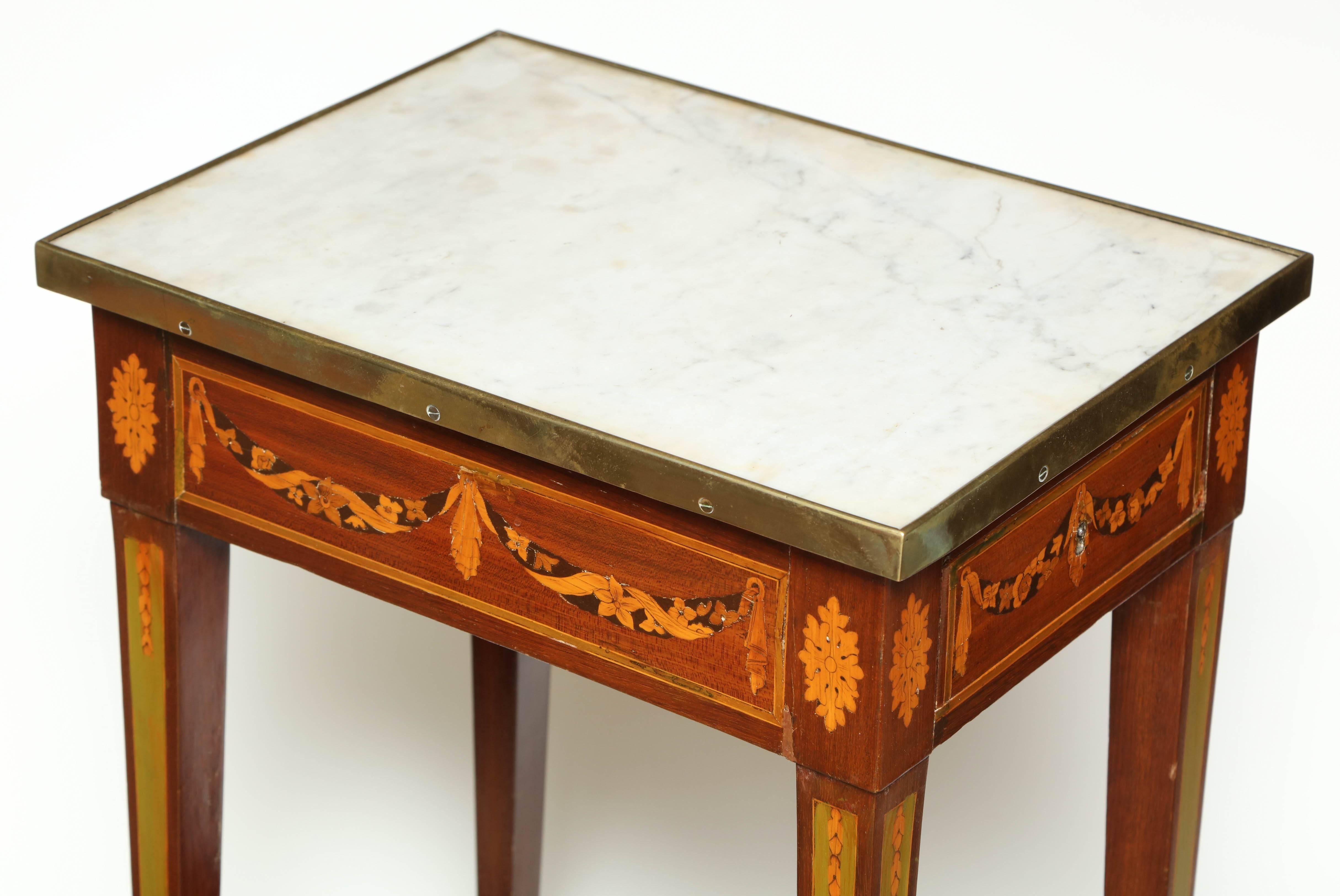 French Louis XVI Marble-Top Inlaid Side Table