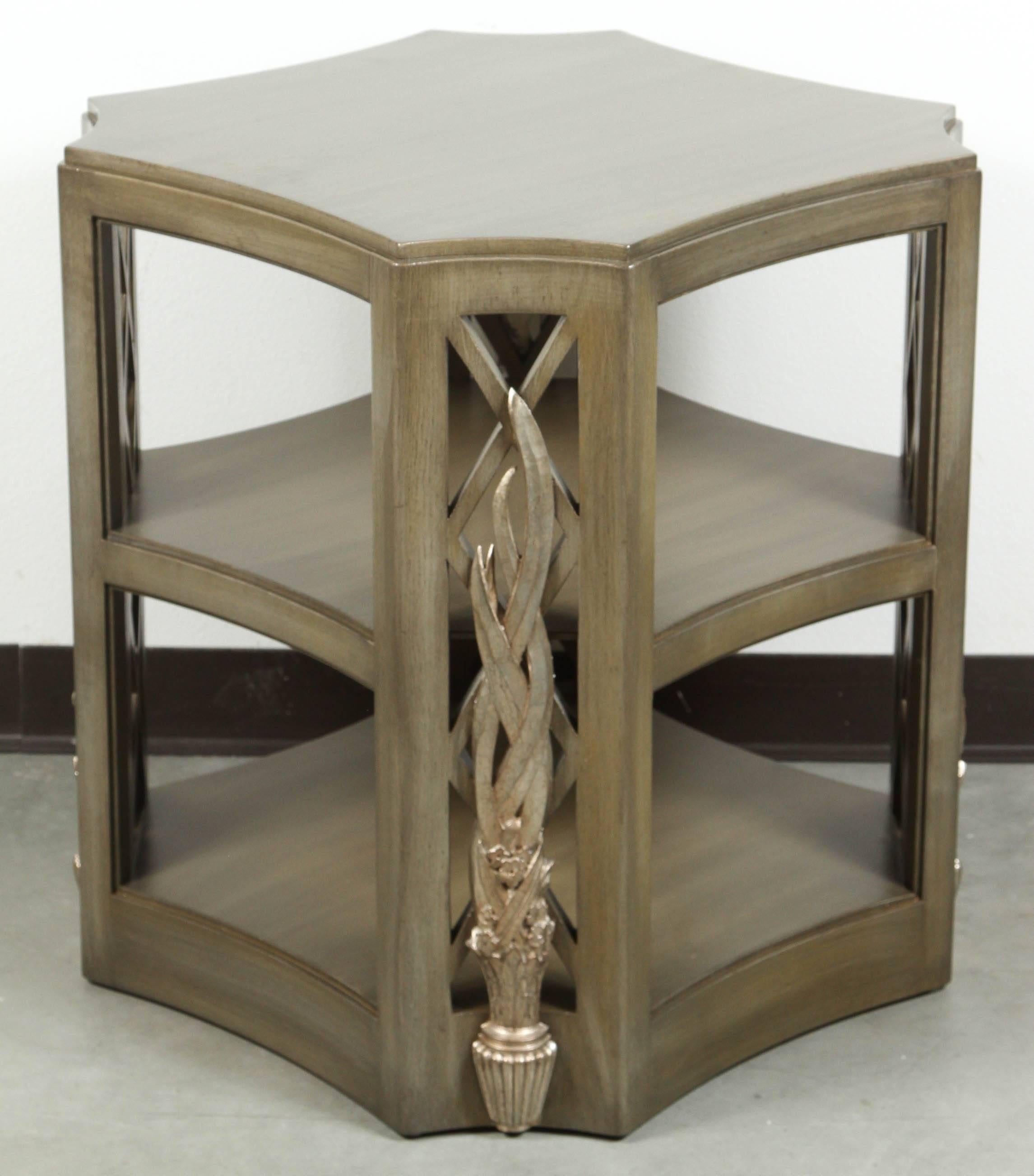 Exquisite oak rare table by James Mont. This is Mont at his best. Unusual design, wonderful craftsmanship, with high quality decorative carved elements.
The table is newly refinished in a Classic gray-green, with the carving picked out in glazed