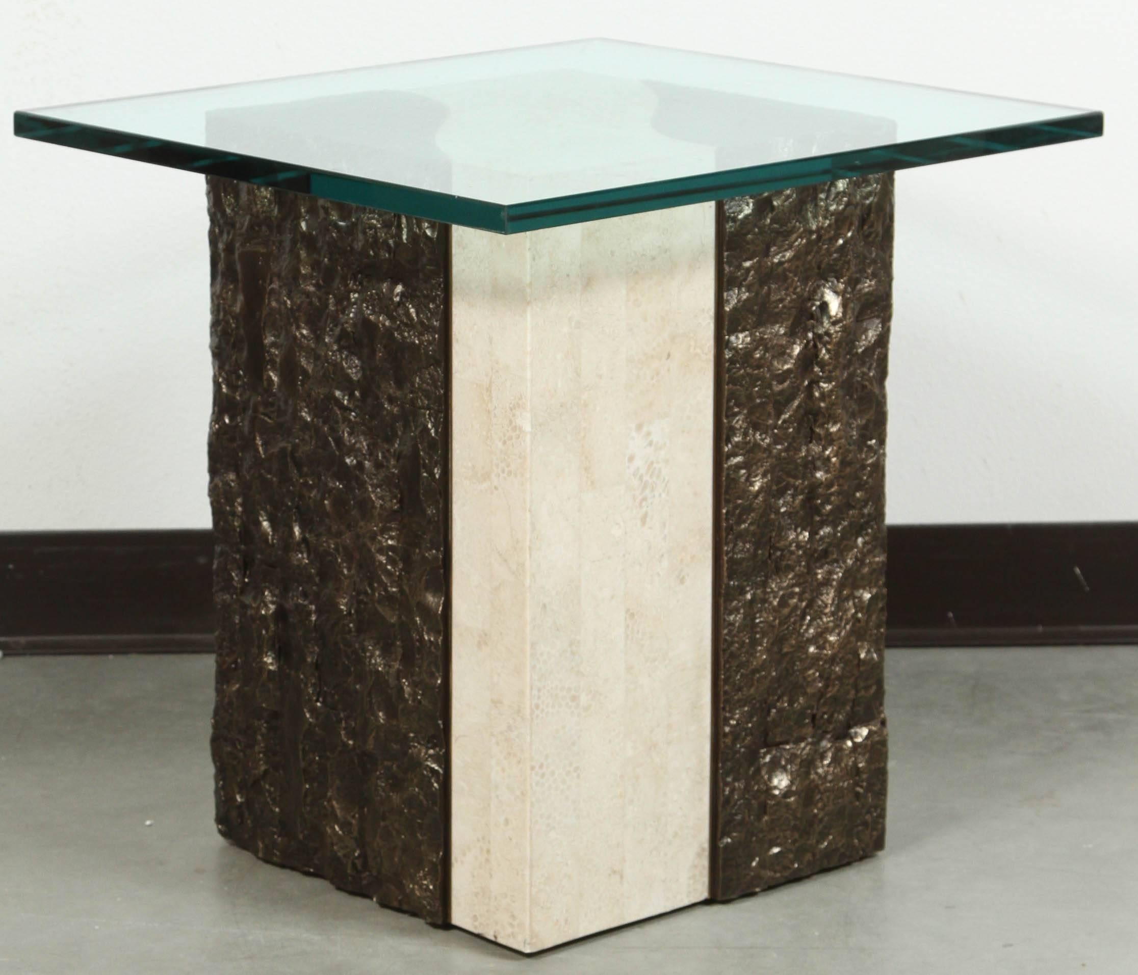 Cocktail / small side table by Maitland-Smith.
This elegant tessellates Marble and faux Bronze stone is great with the 3/4