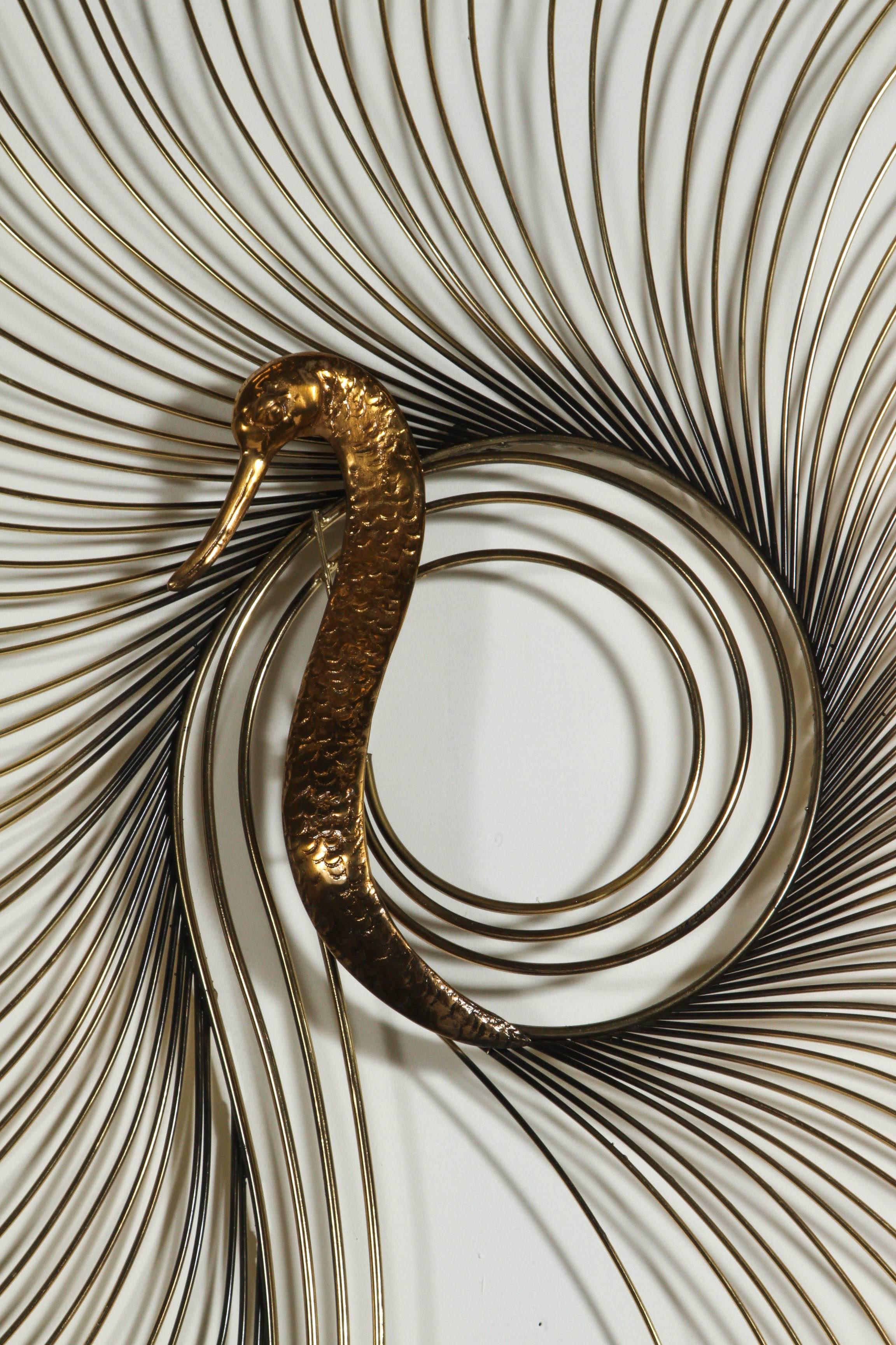 Fabulous brass peacock wall sculpture by Curtis Jere.