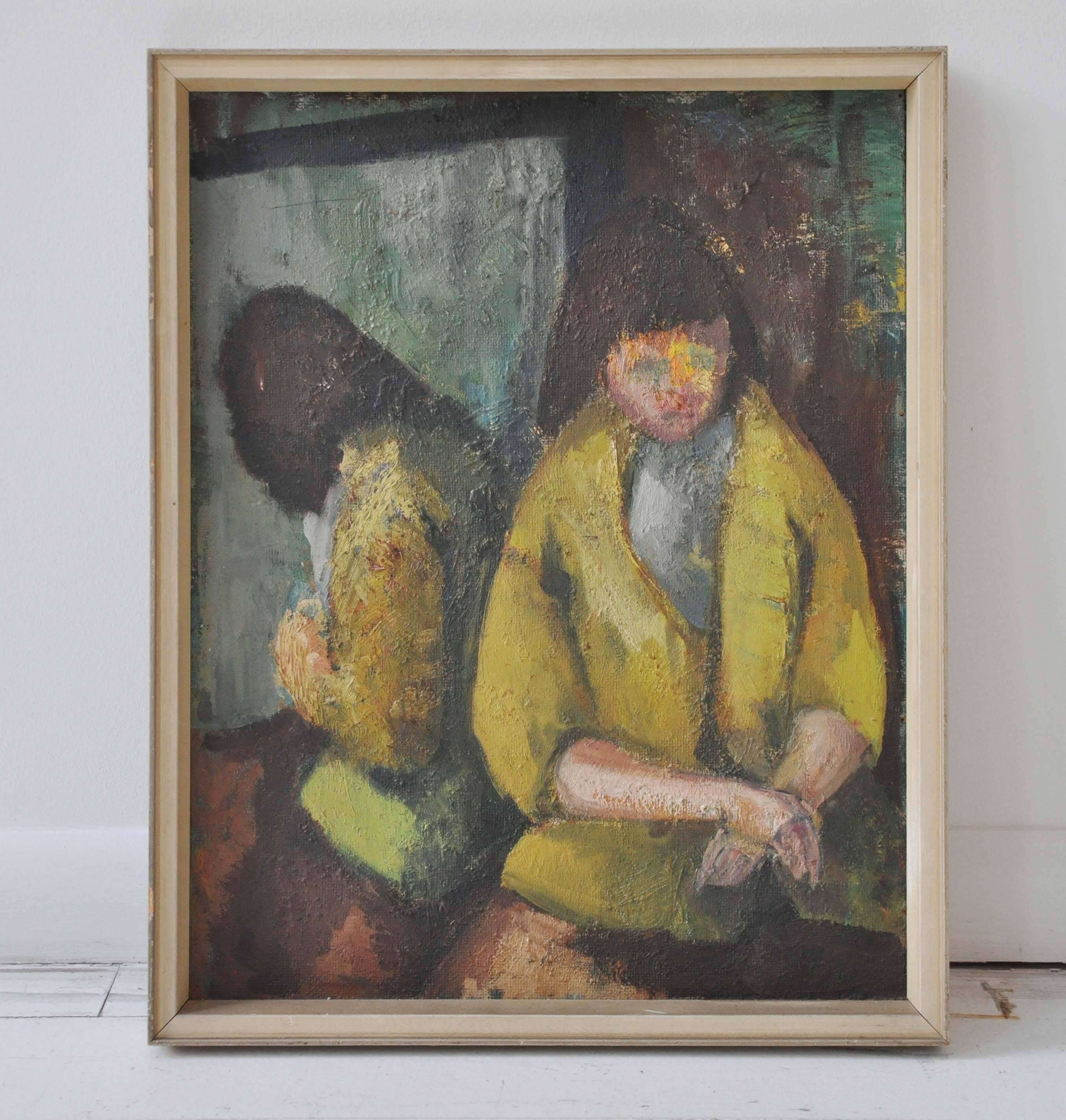 A Mid-Century abstract oil painting of a young woman in front of a mirror.