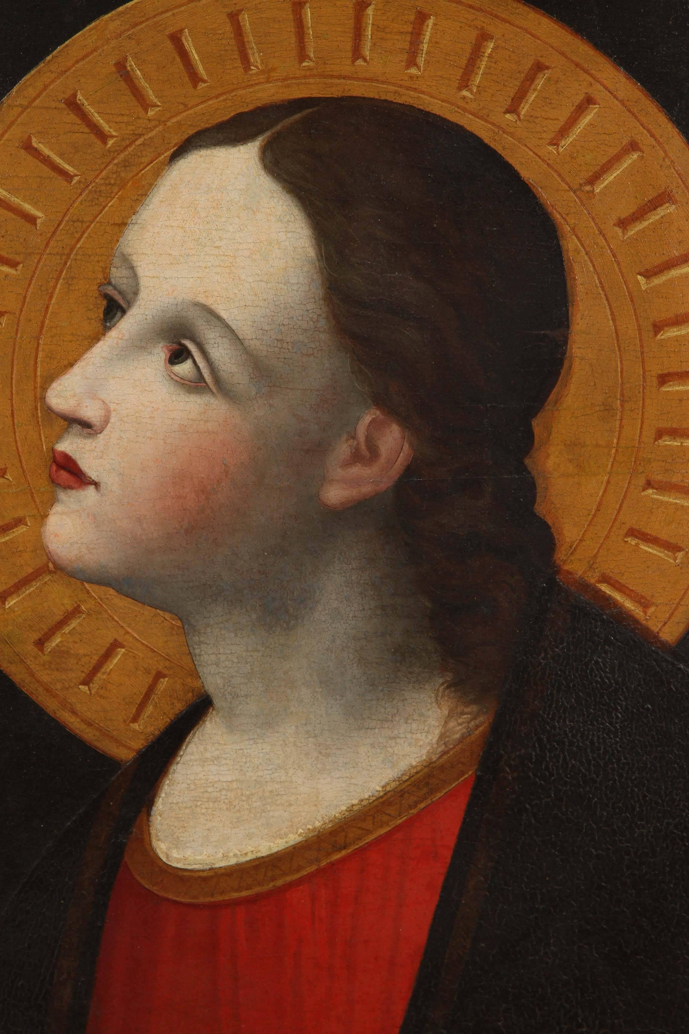 Elegant, late 1600s, oil-and-tempera-on-panel painting of a rosy cheeked, haloed saint in a nearly 3/4 pose. 