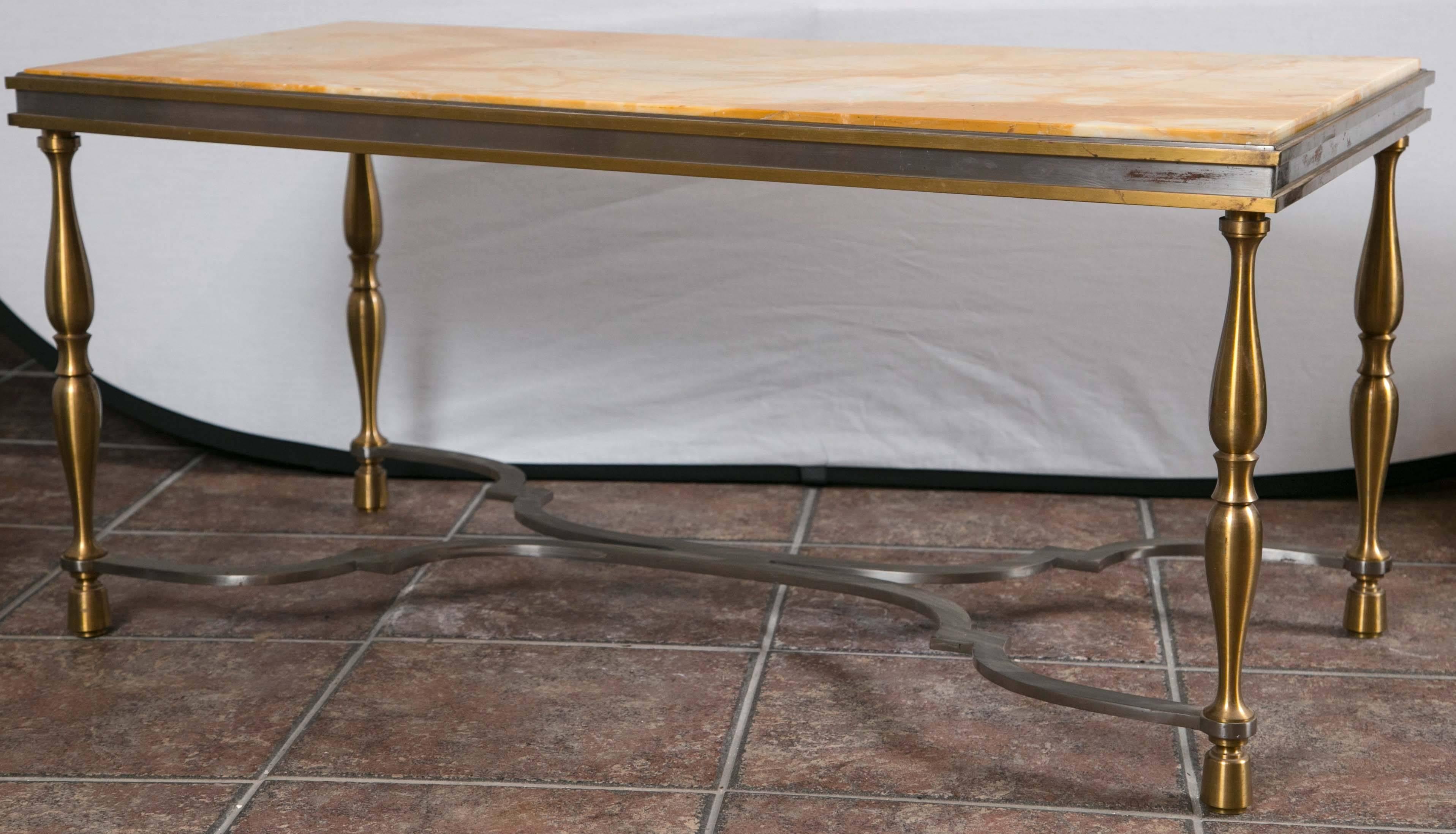Sienna marble, bronze and steel table with shaped stretcher.